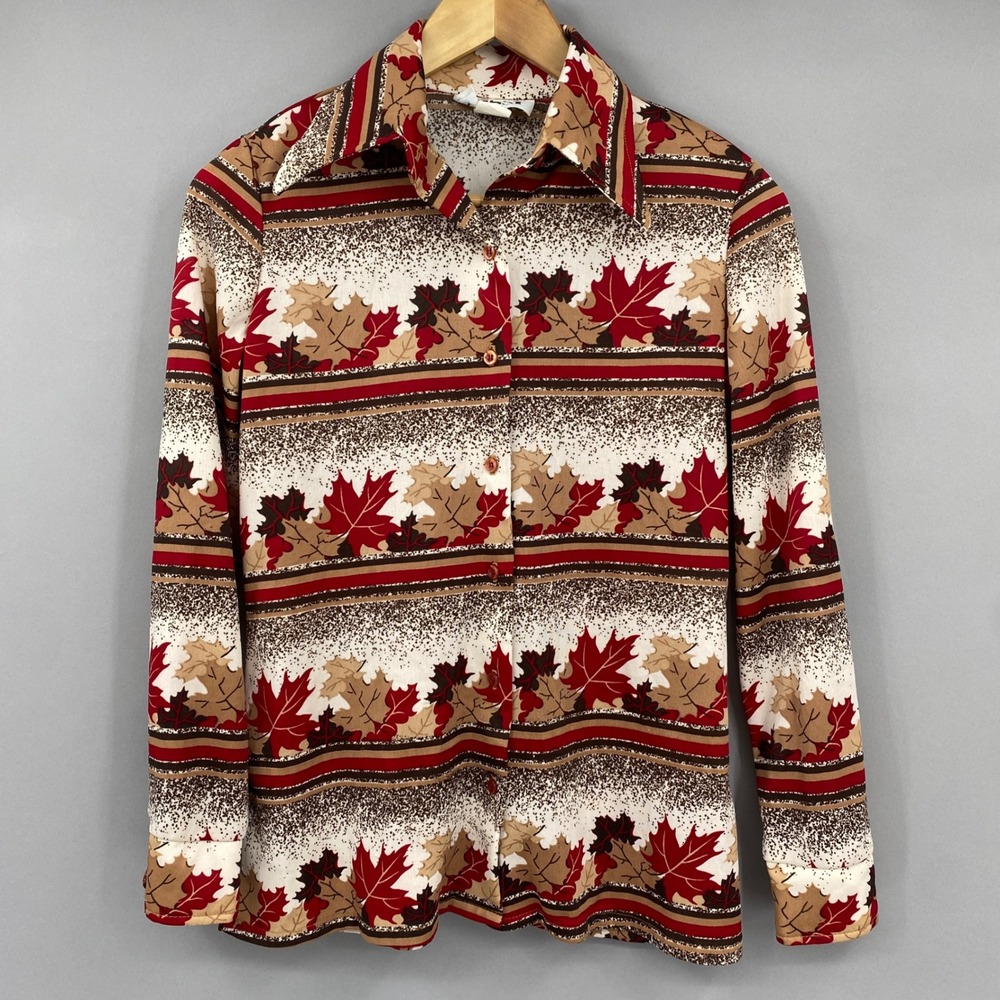 Vintage 70s Trissi Maple Leaf Print Button Down Up Womens M Fall Dagger Disco